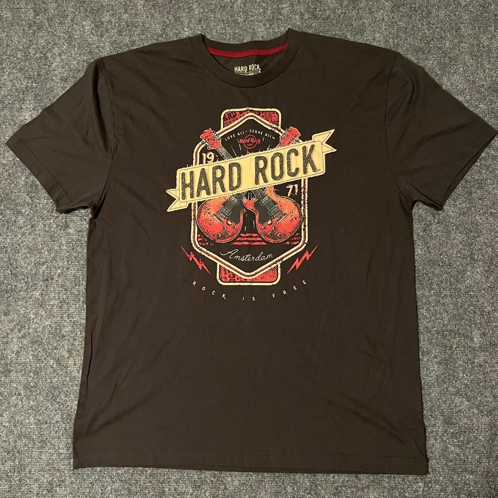 Hard Rock Cafe Amsterdam T-Shirt Mens Large Black Guitar Graphic Rock Is Free L